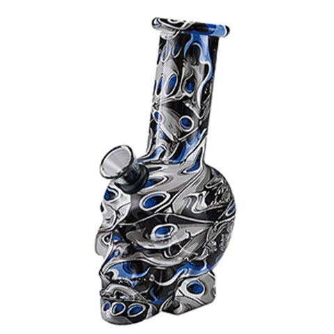 6" Glass Mini Bong Black lined Blue Circles Print Art Skull Shaped
