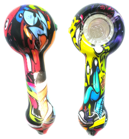 4.1” Silicone Pipe with Printed Design and Glass Bowl