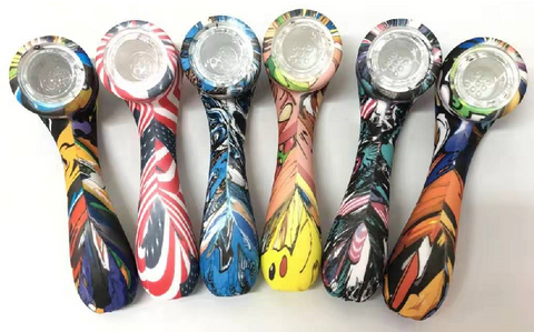4.7” Curved Silicone Pipe with Printed Design and Glass Bowl